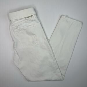 Jean Atelier Foldover High Waist Distressed Cream Denim Jeans